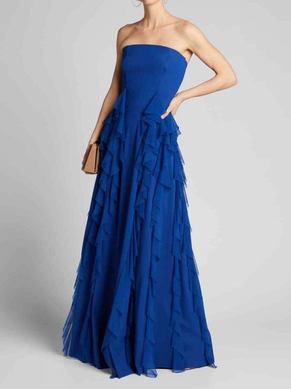 Chiara Boni Alanna Illusion Strapless Blue Long Mesh Ruffle Dress 44 Medium